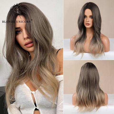 Synthetic Ombre Blonde Brown Long Wigs Middle Part Hair