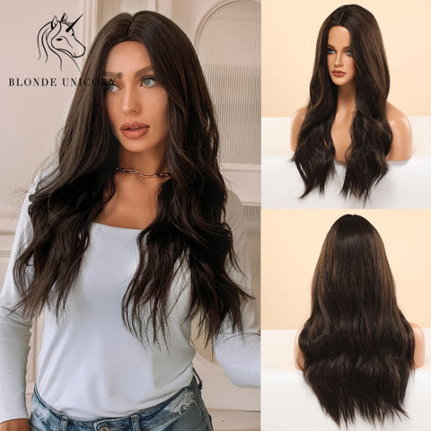 Synthetic Ombre Blonde Brown Long Wigs Middle Part Hair