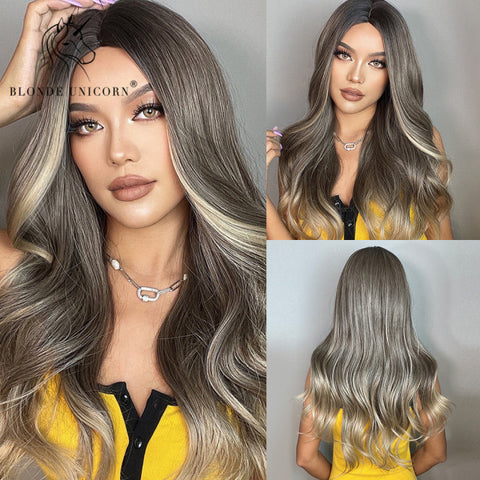 Synthetic Ombre Blonde Brown Long Wigs Middle Part Hair