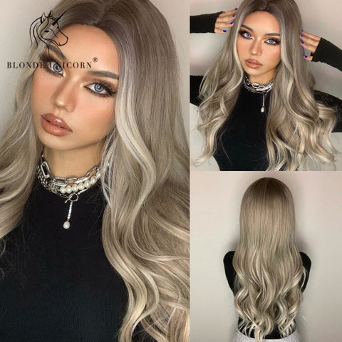 Synthetic Ombre Blonde Brown Long Wigs Middle Part Hair