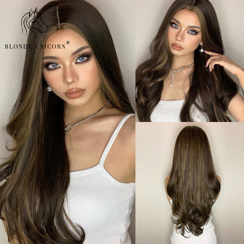 Synthetic Ombre Blonde Brown Long Wigs Middle Part Hair