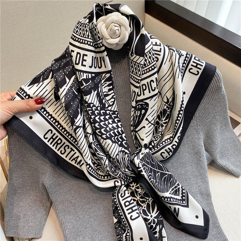 Luxury Brand Square Silk Scarf Women Satin Print Hijab Scarves Muslim