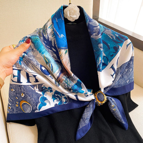Luxury Brand Square Silk Scarf Women Satin Print Hijab Scarves Muslim