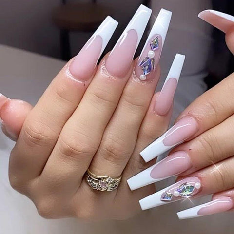 Long  White French Fancy Color Diamonds False Nails DIY Glue Inpluser
