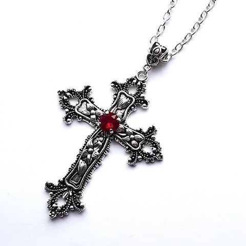 Large Detailed Cross Drill Pendant Jewel Necklace Tone Gothic