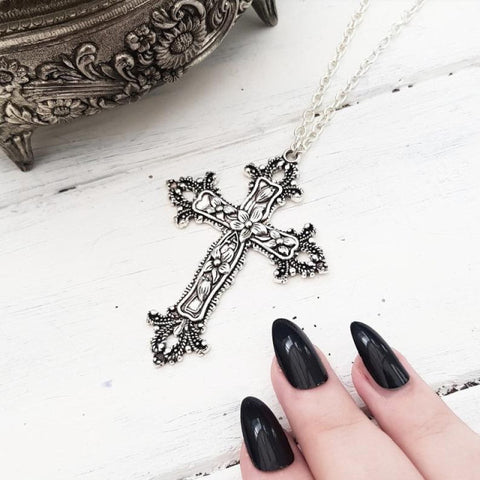 Large Detailed Cross Drill Pendant Jewel Necklace Tone Gothic