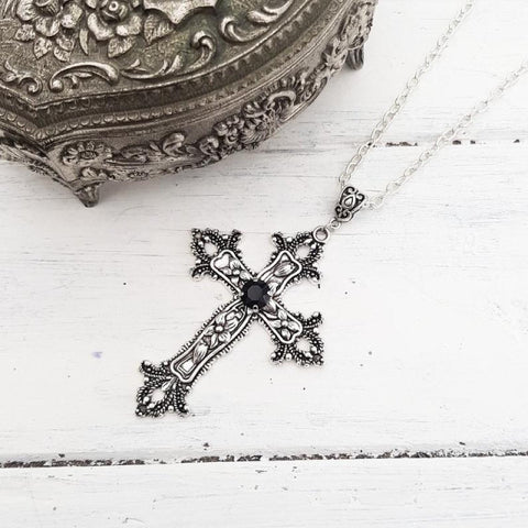Large Detailed Cross Drill Pendant Jewel Necklace Tone Gothic