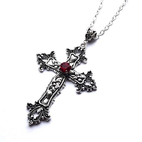 Large Detailed Cross Drill Pendant Jewel Necklace Tone Gothic