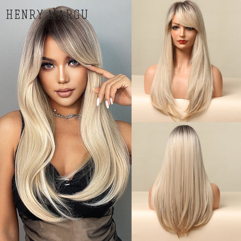 Long Natural Wavy Platinum Blonde Wigs with Bangs Cosplay
