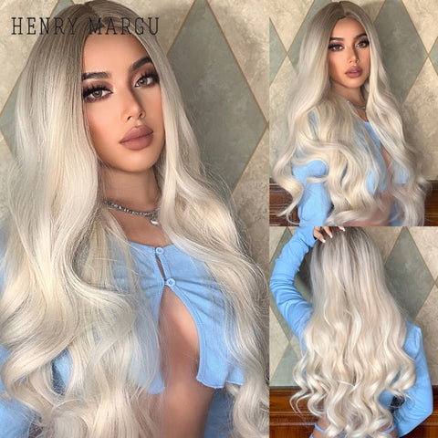 Long Natural Wavy Platinum Blonde Wigs with Bangs Cosplay