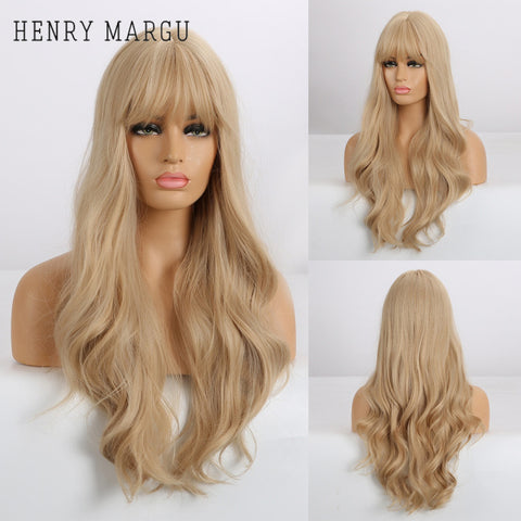 Long Natural Wavy Platinum Blonde Wigs with Bangs Cosplay