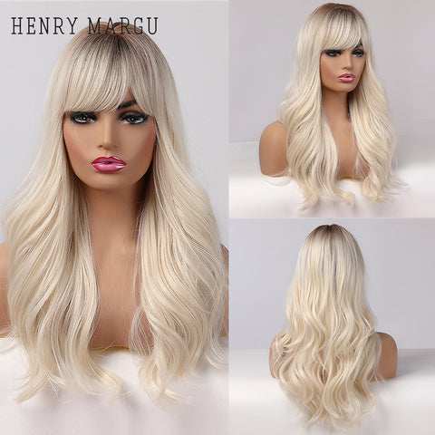 Long Natural Wavy Platinum Blonde Wigs with Bangs Cosplay