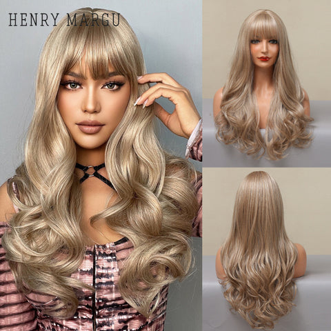 Long Natural Wavy Platinum Blonde Wigs with Bangs Cosplay