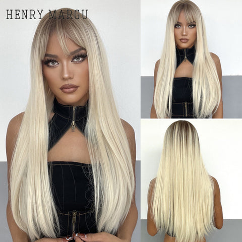 Long Natural Wavy Platinum Blonde Wigs with Bangs Cosplay