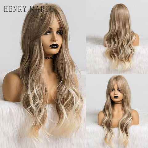 Long Natural Wavy Platinum Blonde Wigs with Bangs Cosplay
