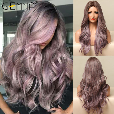 Long Wavy Ombre Brown Purple Synthetic Wigs for Women