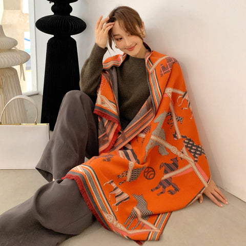 Luxury Winter Cashmere Scarf Women Warm Pashmina Blanket Horse Scarves
