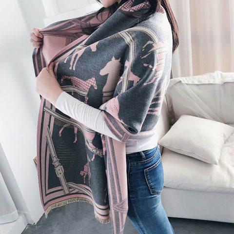 Luxury Winter Cashmere Scarf Women Warm Pashmina Blanket Horse Scarves
