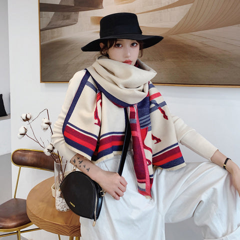 Luxury Winter Cashmere Scarf Women Warm Pashmina Blanket Horse Scarves