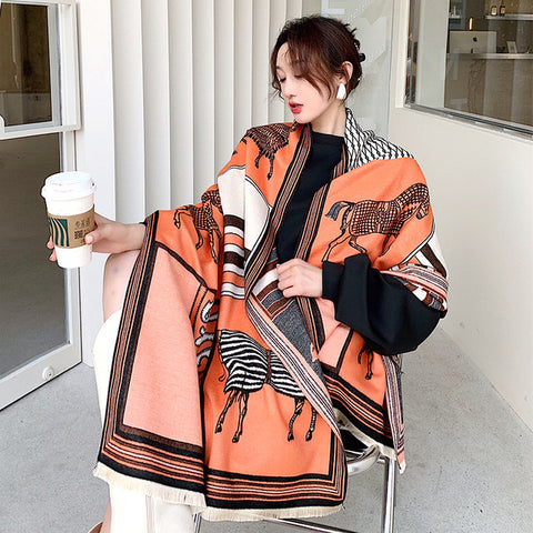 Luxury Winter Cashmere Scarf Women Warm Pashmina Blanket Horse Scarves