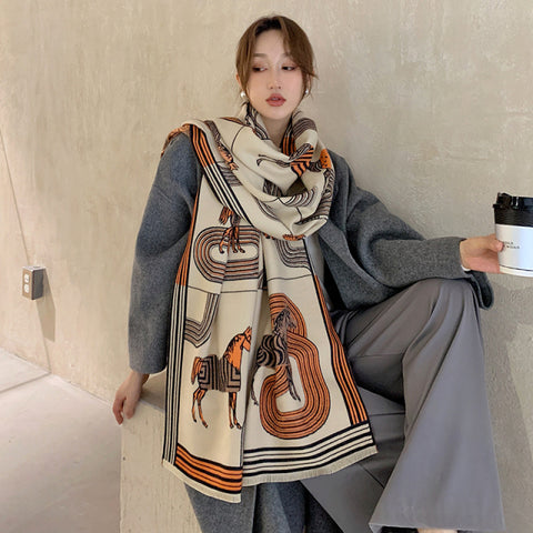 Luxury Winter Cashmere Scarf Women Warm Pashmina Blanket Horse Scarves