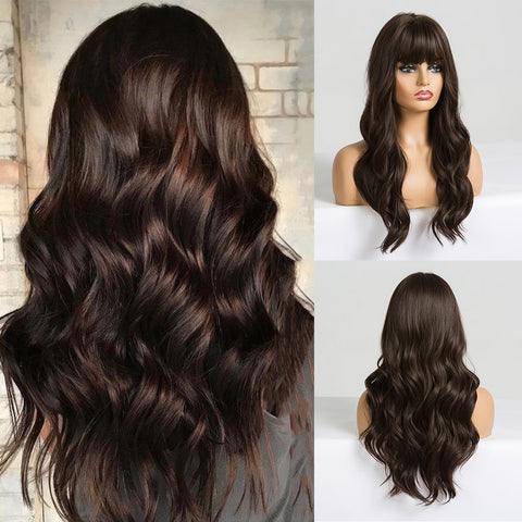 Long Dark Brown Women Wigs with Bangs Water Wave Heat Resistant  for Women