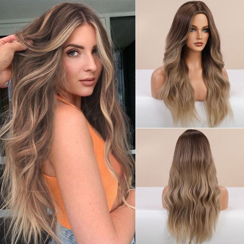 Synthetic Ombre Blonde Brown Long Wigs Middle Part Hair