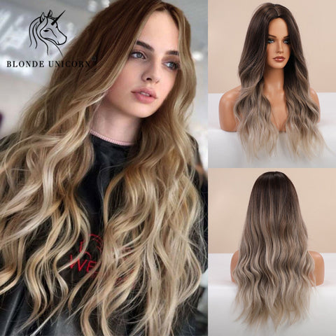 Synthetic Ombre Blonde Brown Long Wigs Middle Part Hair