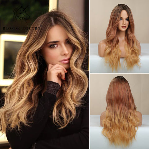 Synthetic Ombre Blonde Brown Long Wigs Middle Part Hair