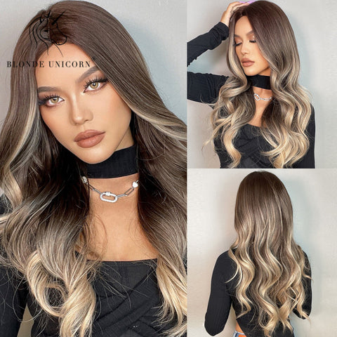 Synthetic Ombre Blonde Brown Long Wigs Middle Part Hair