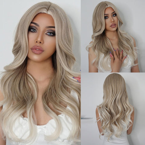 Synthetic Ombre Blonde Brown Long Wigs Middle Part Hair