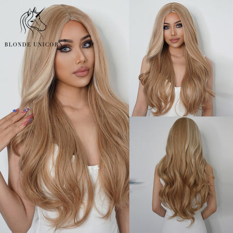Synthetic Ombre Blonde Brown Long Wigs Middle Part Hair