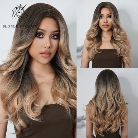 Synthetic Ombre Blonde Brown Long Wigs Middle Part Hair