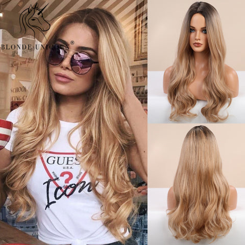 Synthetic Ombre Blonde Brown Long Wigs Middle Part Hair