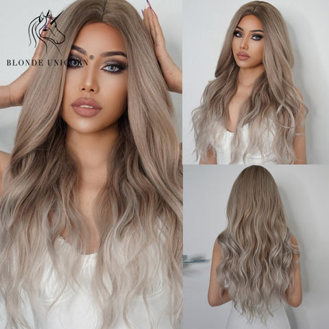Synthetic Ombre Blonde Brown Long Wigs Middle Part Hair