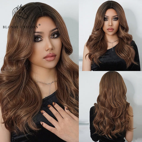 Synthetic Ombre Blonde Brown Long Wigs Middle Part Hair