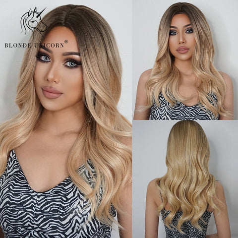 Synthetic Ombre Blonde Brown Long Wigs Middle Part Hair