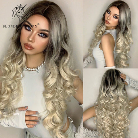 Synthetic Ombre Blonde Brown Long Wigs Middle Part Hair