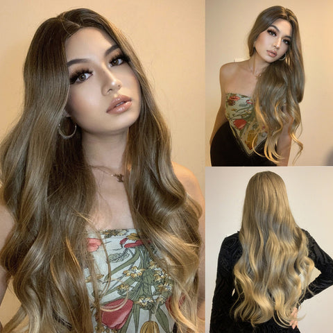 Synthetic Ombre Blonde Brown Long Wigs Middle Part Hair