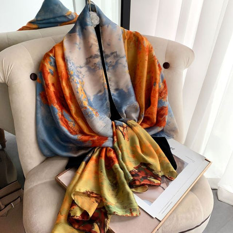 Women Silk Winter Scarf Luxury Design Print Lady Beach Shawl Scarves