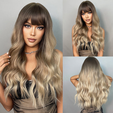 Long Dark Brown Women Wigs with Bangs Water Wave Heat Resistant  for Women