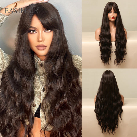 Long Dark Brown Women Wigs with Bangs Water Wave Heat Resistant  for Women