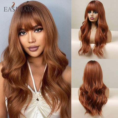 Long Dark Brown Women Wigs with Bangs Water Wave Heat Resistant  for Women