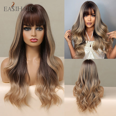 Long Dark Brown Women Wigs with Bangs Water Wave Heat Resistant  for Women