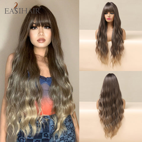 Long Dark Brown Women Wigs with Bangs Water Wave Heat Resistant  for Women