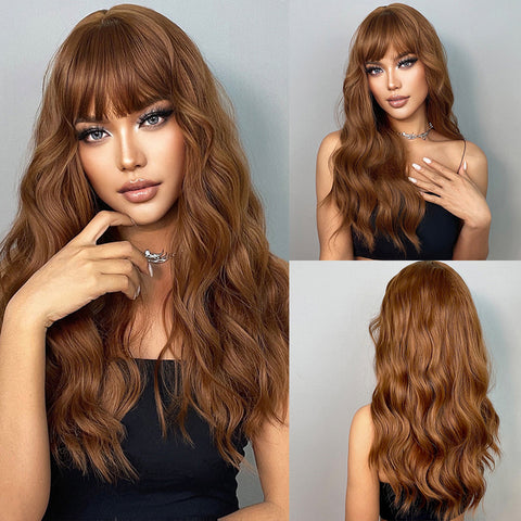 Long Dark Brown Women Wigs with Bangs Water Wave Heat Resistant  for Women