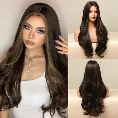 Long Dark Brown Women Wigs with Bangs Water Wave Heat Resistant  for Women