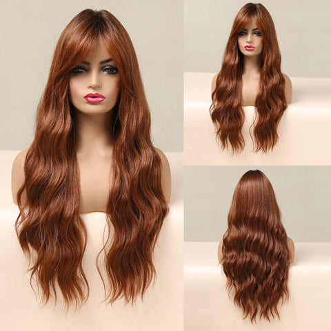 Long Dark Brown Women Wigs with Bangs Water Wave Heat Resistant  for Women