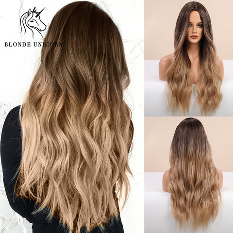 Synthetic Ombre Blonde Brown Long Wigs Middle Part Hair