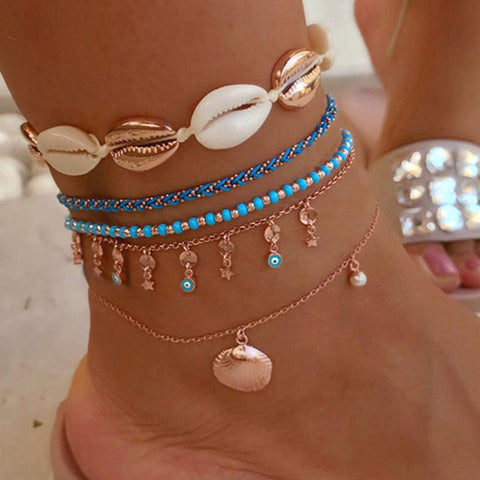 Tocona Layered Gold Shell Pendant Chain Ankle Bracelet On Leg Foot Jewelry